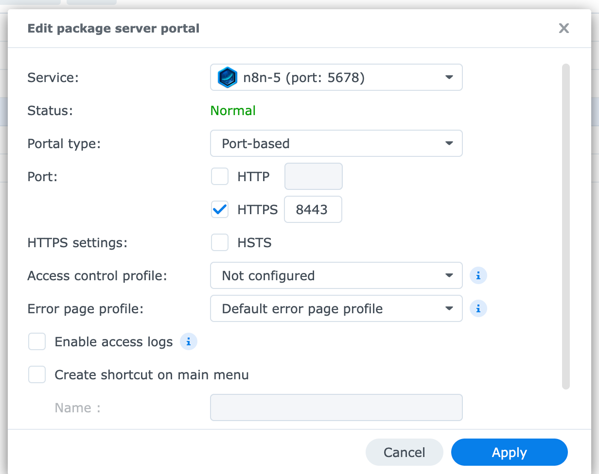 Web Station configuration for n8n docker